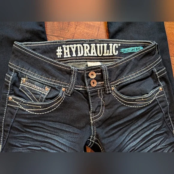 Hydraulic Dark Blue Navy Faded Bailey Low Rise Micro Boot Bootcut Jeans Size 1/2 - Picture 3 of 7